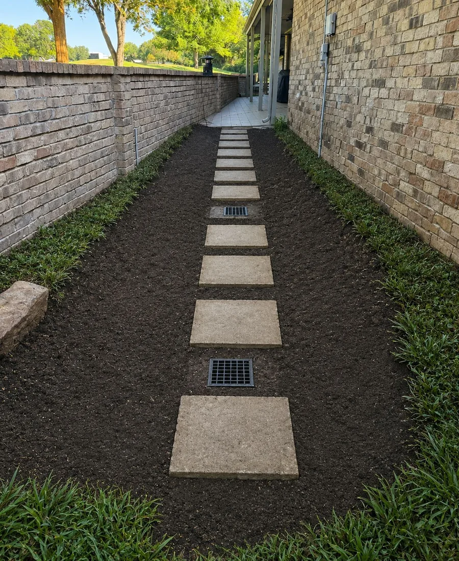 Landscaped side yard with stepping stones and multiple surface catch basins
