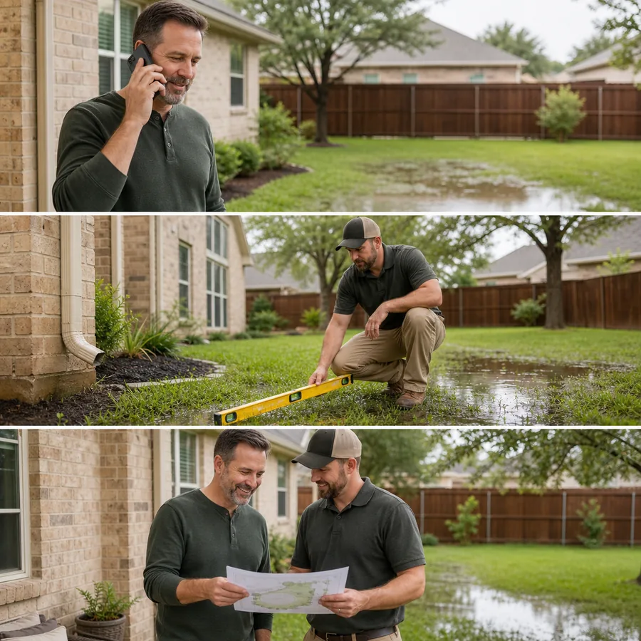Three-step yard drainage assessment: a homeowner calls, a drainage professional inspects the yard, and they review the recommended solution together