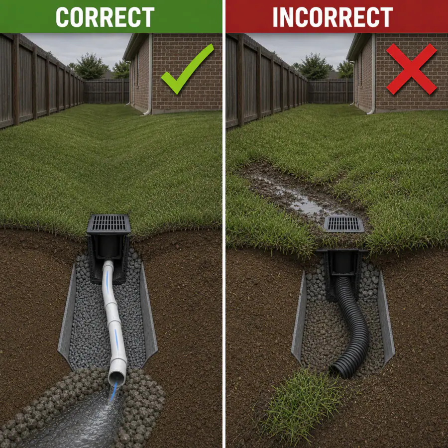 Correct catch basin at the true lawn low point compared with an inlet placed above standing water