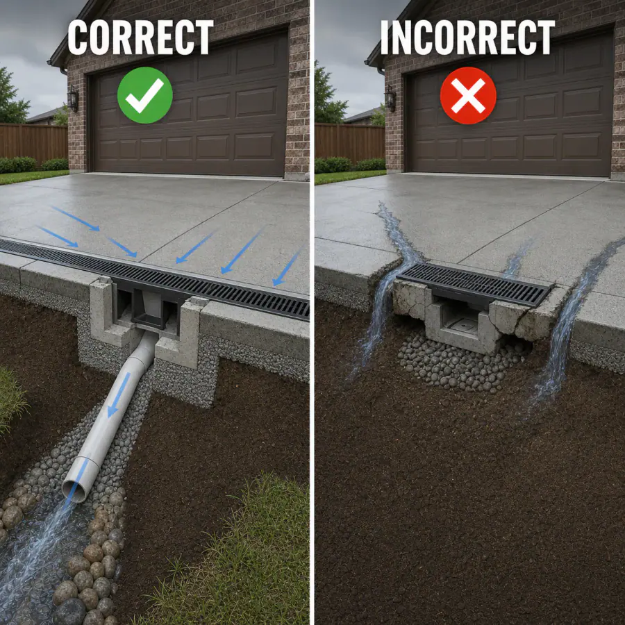 Correct full-width driveway channel drain compared with a short unsupported channel that water bypasses