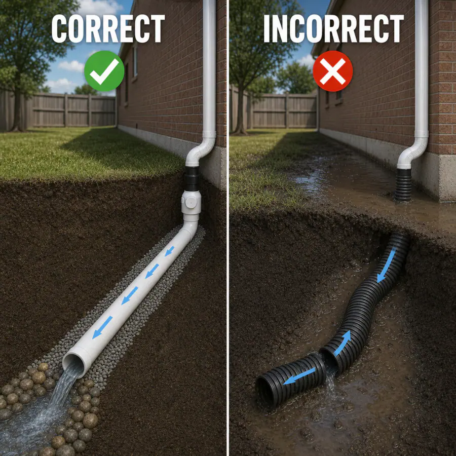 Correct sealed downspout connection to solid sloped pipe compared with sagging corrugated pipe in wet soil