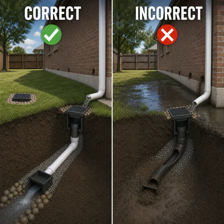 Correct inspection and targeted yard drain repair compared with replacing only a grate over a failed buried line