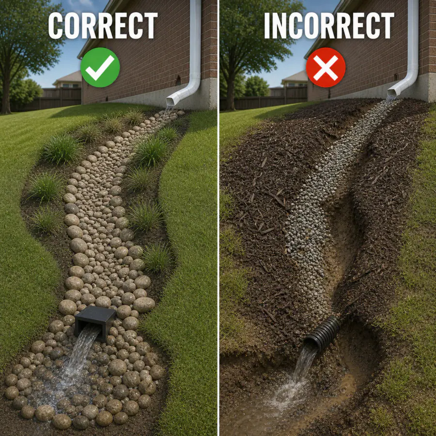 Correct stabilized runoff route and protected outlet compared with loose mulch and an eroding pipe discharge