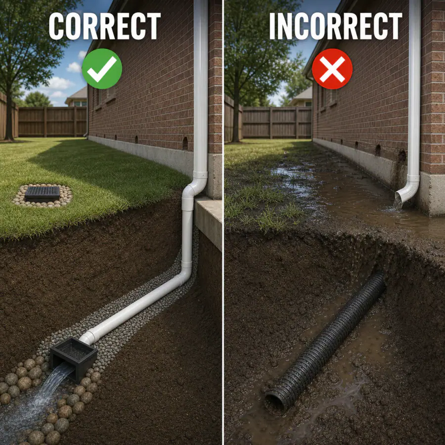 Correct source control and grading away from a foundation compared with perforated pipe placed in mud beside the slab