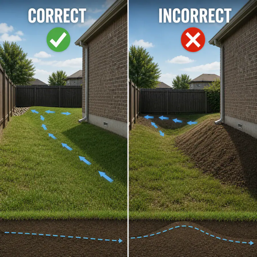 Correct broad shallow drainage swale compared with random soil piles that trap runoff near a house
