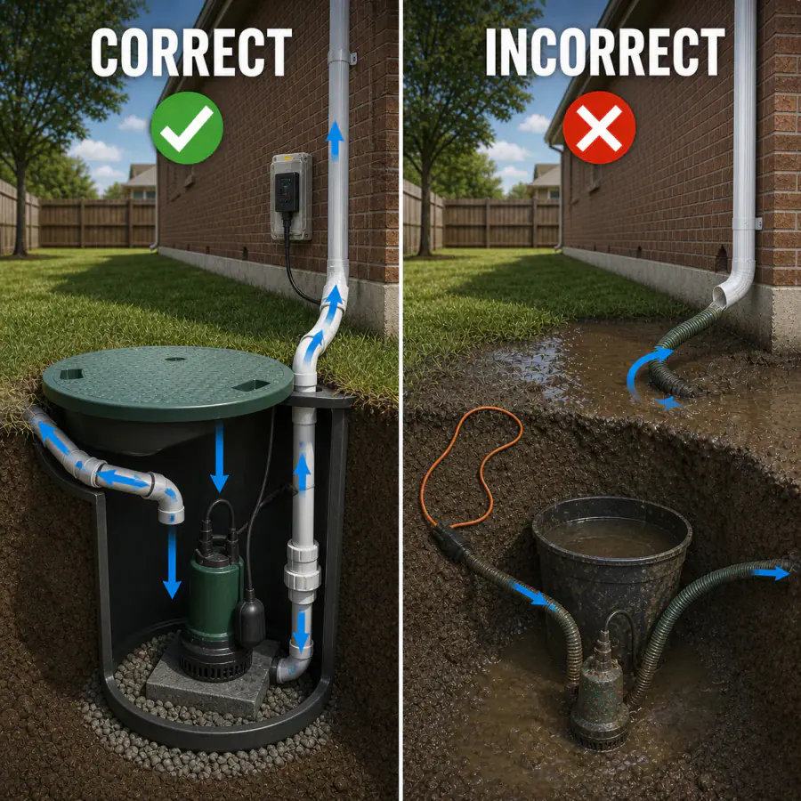 Correct serviceable outdoor sump pump basin compared with an unsafe pump placed in an open muddy bucket