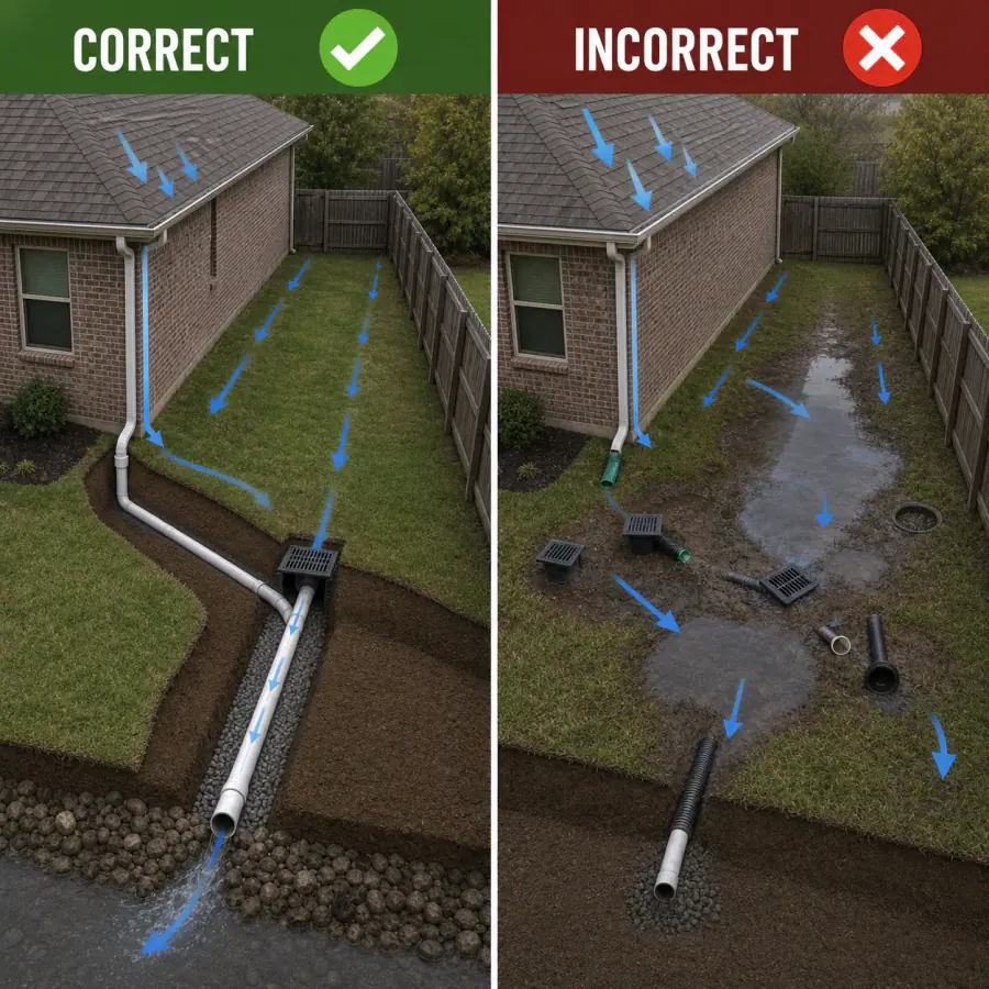 Correct complete yard drainage route compared with disconnected drains that leave standing water