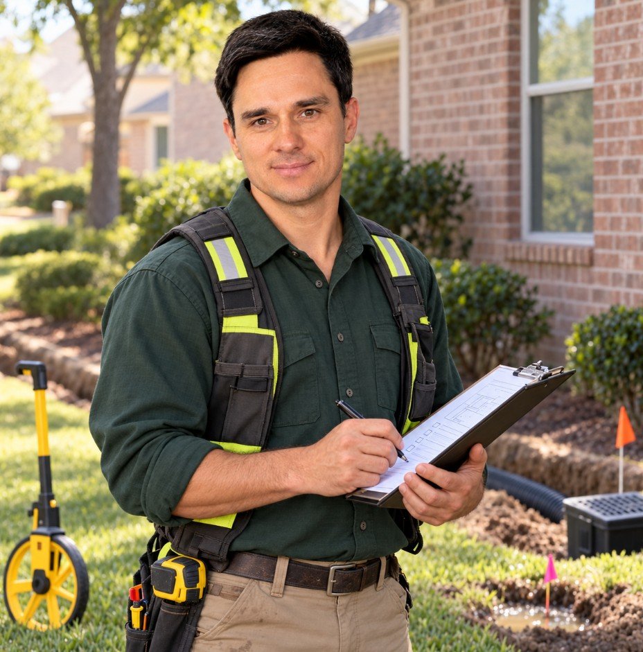Serhii Sarkisov of Texas Yard Drainage inspecting a residential drainage project