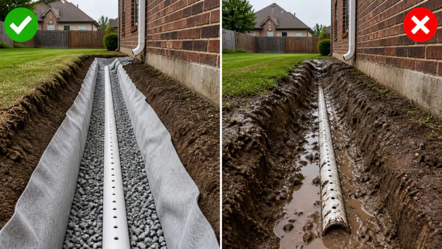 Correct French drain with geotextile and clean aggregate compared with perforated pipe placed directly in muddy soil