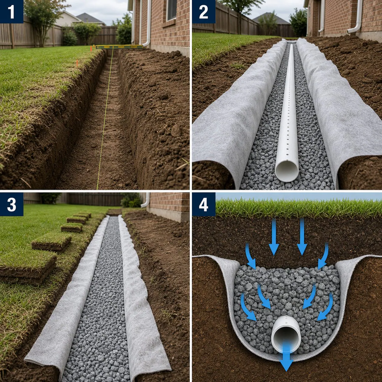 French drain installation and cutaway showing fabric, clean gravel, perforated pipe and water flow