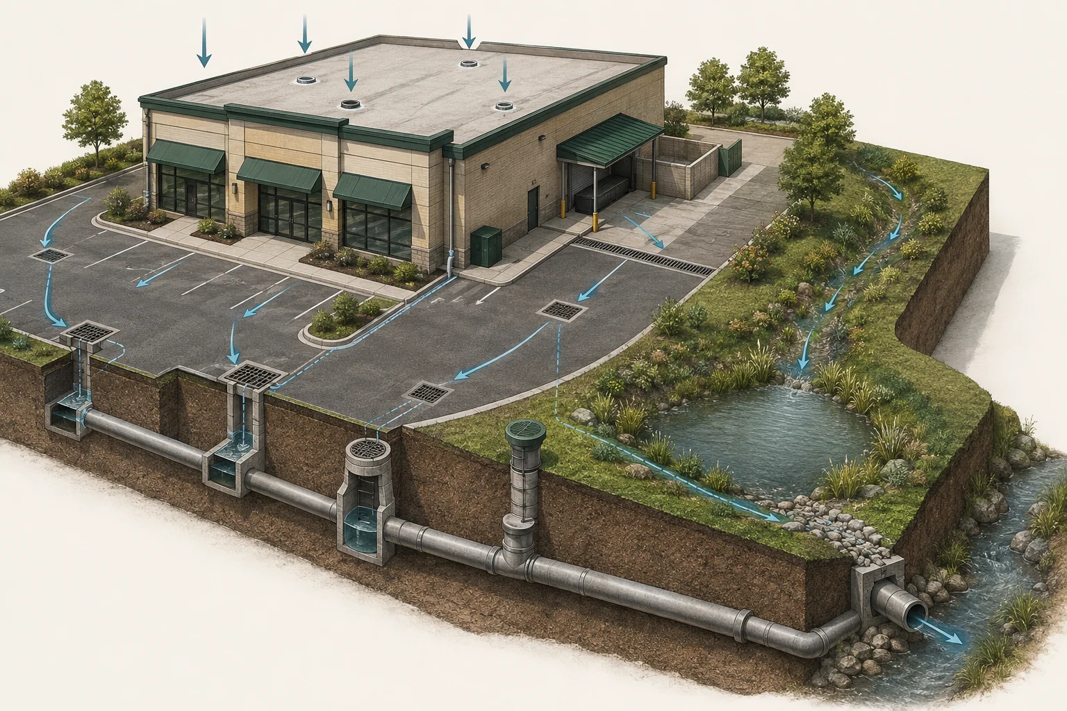 Technical illustration of a DFW commercial property with roof drains, parking inlets, channel drains, landscape infiltration and detention system