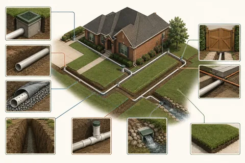 Drainage plan, measuring tape and itemized estimate beside a cutaway trench and pipe route
