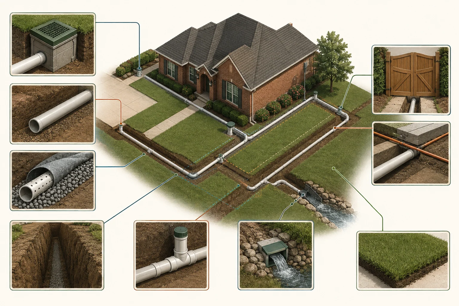 Drainage plan, measuring tape and itemized estimate beside a cutaway trench and pipe route