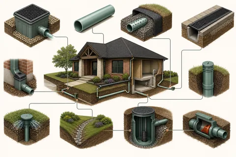 Labeled technical cutaway of drainage components including catch basin, solid pipe, perforated pipe, channel drain, cleanout and outlet
