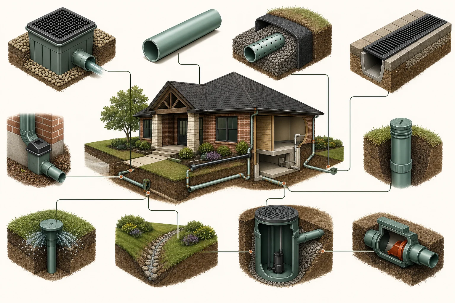 Labeled technical cutaway of drainage components including catch basin, solid pipe, perforated pipe, channel drain, cleanout and outlet
