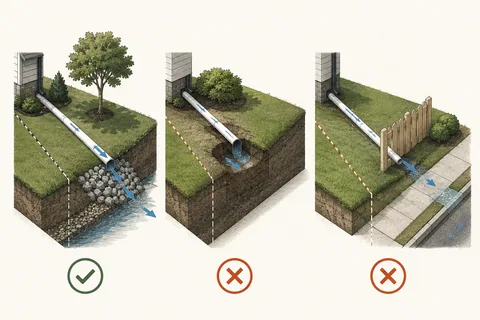 Cutaway comparison of drainage outlet options including daylight, pop-up emitter, curb connection, pump discharge and infiltration feature