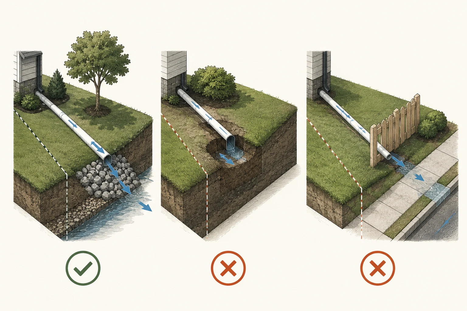 Cutaway comparison of drainage outlet options including daylight, pop-up emitter, curb connection, pump discharge and infiltration feature