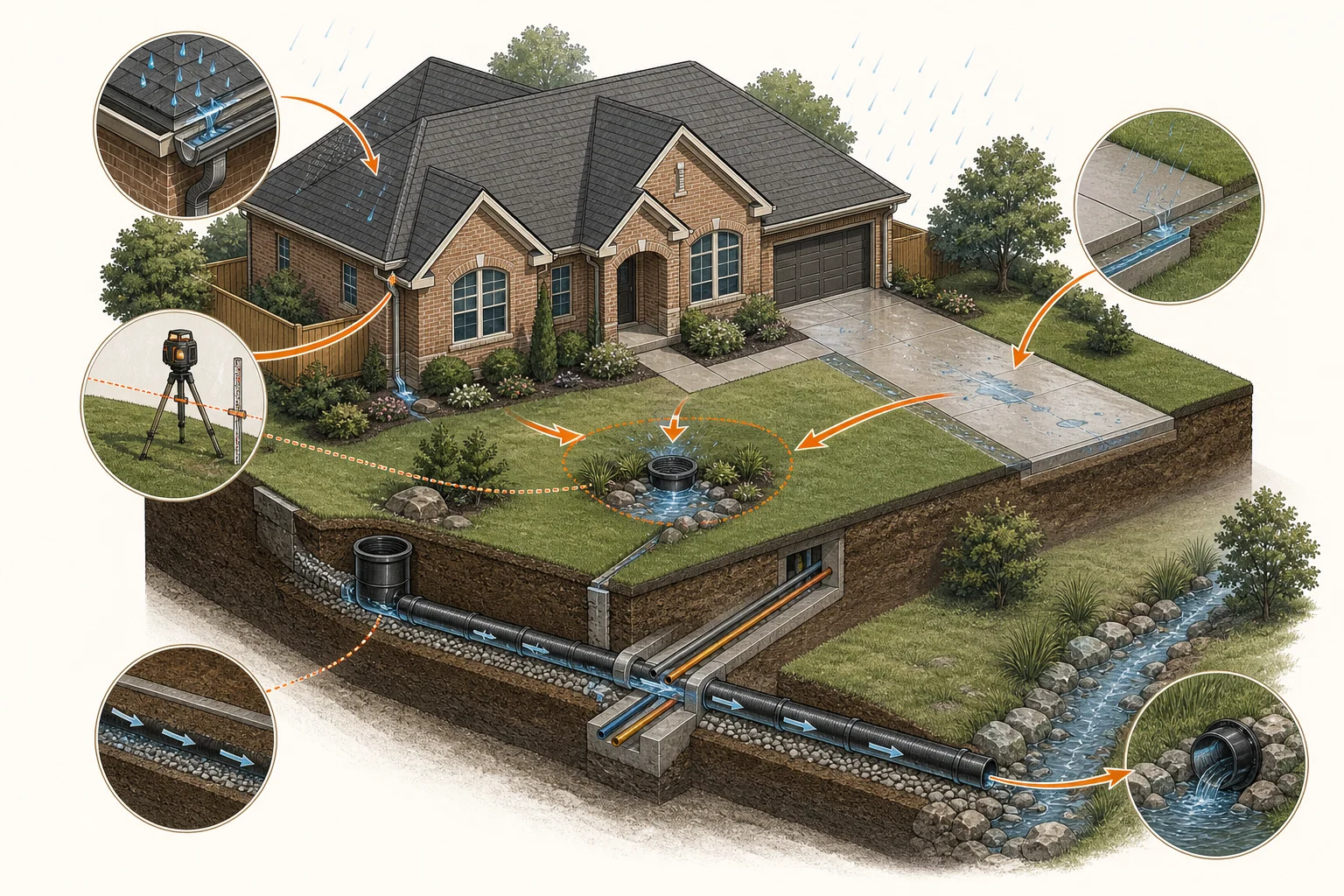 Drainage technician evaluating a Dallas residential property with level, route markers, source points and outlet location