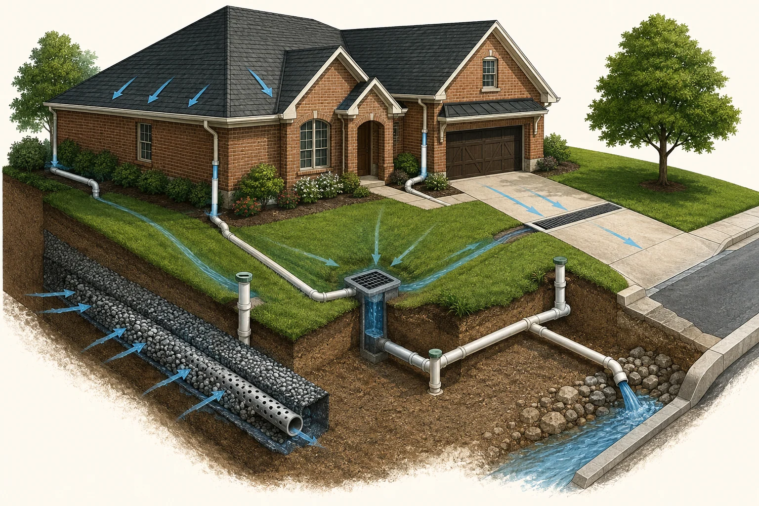 Cutaway Dallas home showing downspout pipe, catch basin, channel drain, French drain, swale and outlet as separate connected systems
