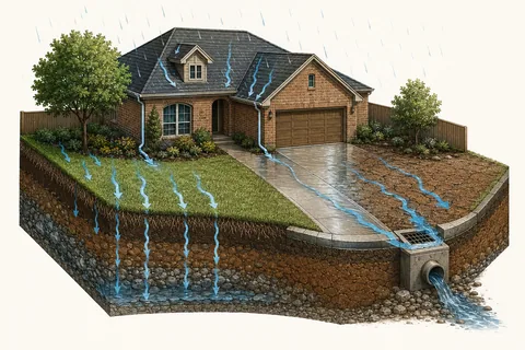 Technical cutaway of a Dallas yard showing rainfall becoming surface runoff, infiltration into clay soil and controlled drainage routes