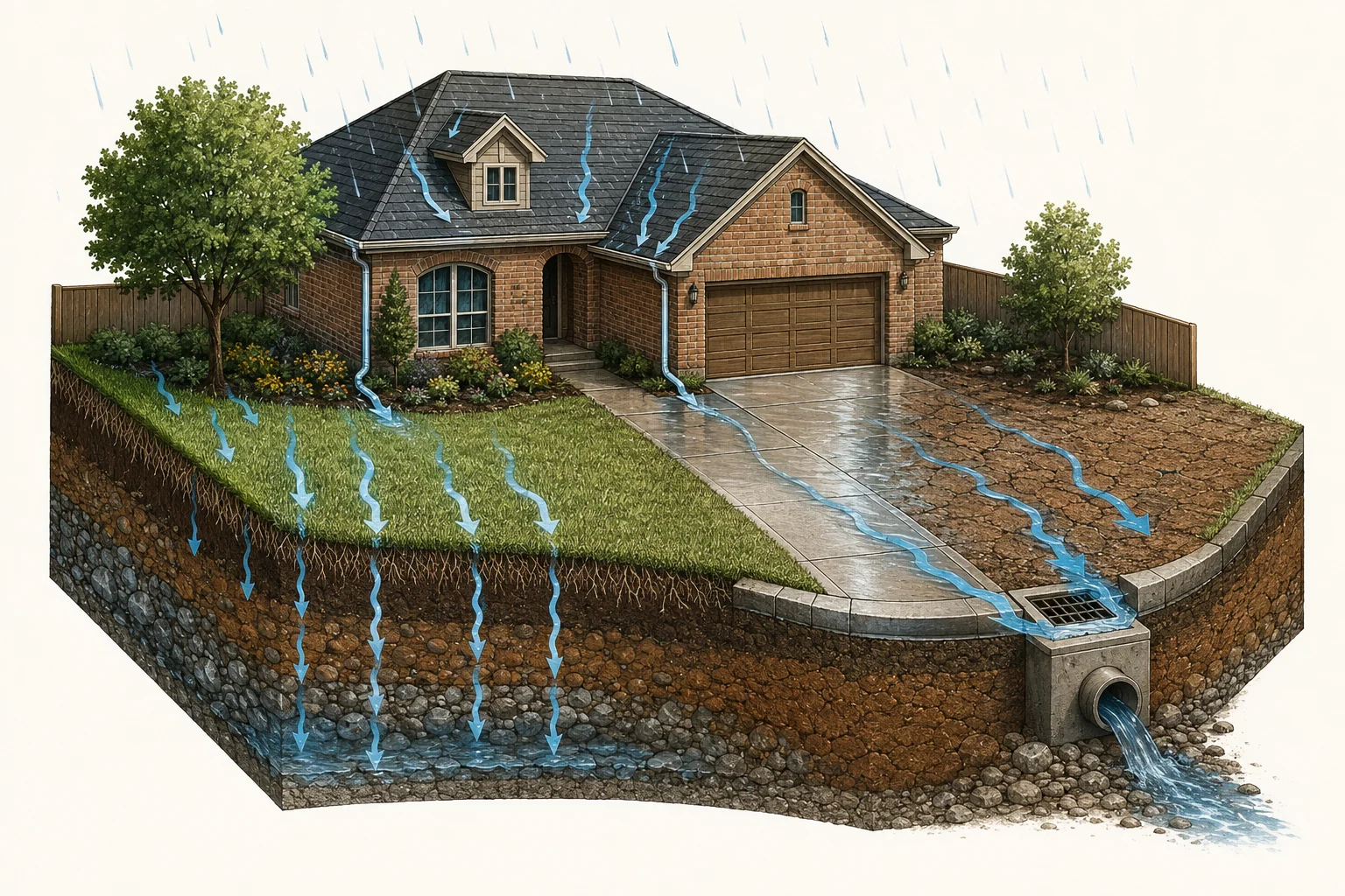Technical cutaway of a Dallas yard showing rainfall becoming surface runoff, infiltration into clay soil and controlled drainage routes