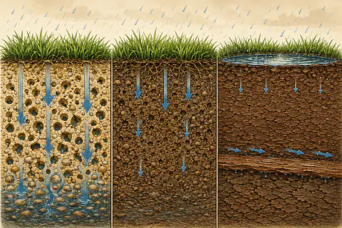 Three soil cutaways comparing large pores and fast infiltration in sand, moderate movement in loam, and ponding with slow movement through dense clay