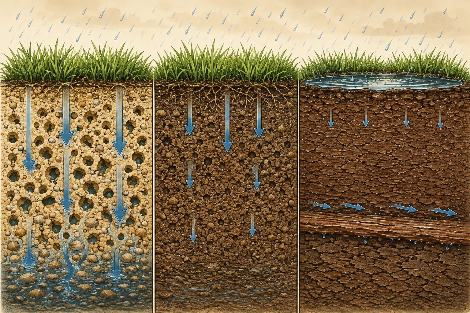 Three soil cutaways comparing large pores and fast infiltration in sand, moderate movement in loam, and ponding with slow movement through dense clay