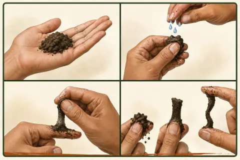 Four-step soil ribbon test showing a sample, added water, soil pressed above a finger, and crumbly short and long ribbon results