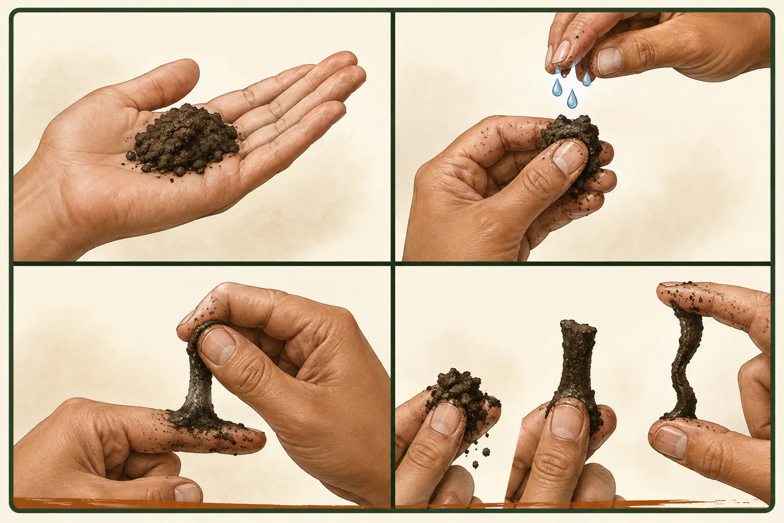 Four-step soil ribbon test showing a sample, added water, soil pressed above a finger, and crumbly short and long ribbon results