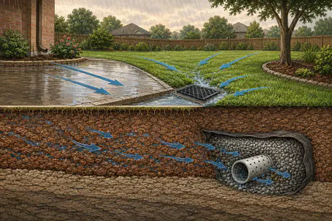 Residential cutaway showing surface runoff flowing to a catch basin and subsurface water moving through soil toward a gravel wrapped perforated drain
