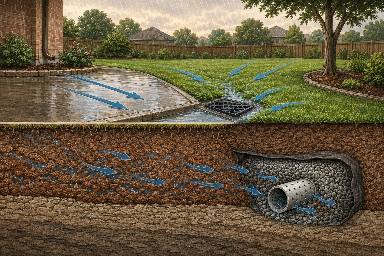 Residential cutaway showing surface runoff flowing to a catch basin and subsurface water moving through soil toward a gravel wrapped perforated drain