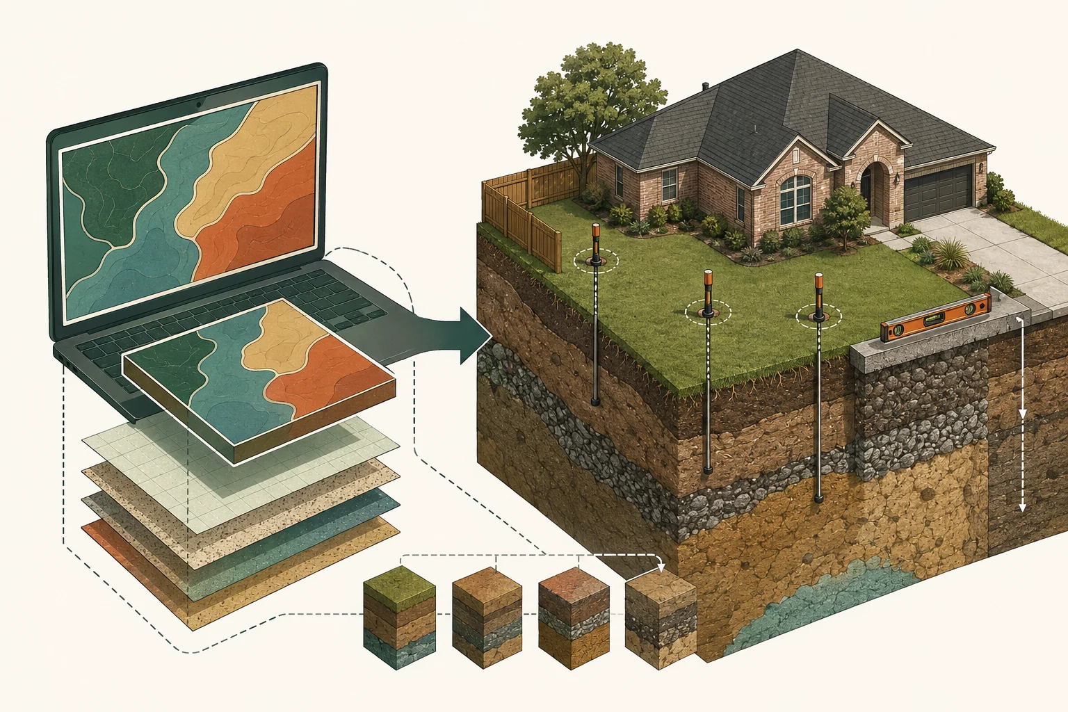 Laptop displaying a simplified soil map beside a North Texas property with mapped soil layers and field verification points