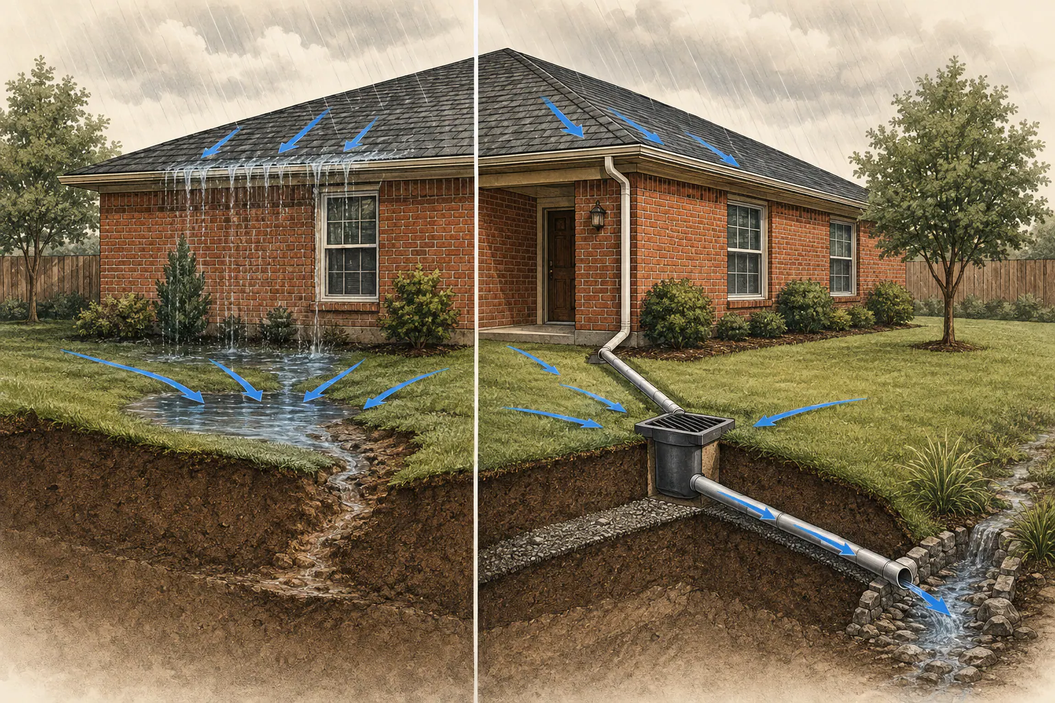 Cutaway comparison of unmanaged runoff pooling beside a Dallas Fort Worth brick home and a complete route using a downspout line, catch basin and stable outlet