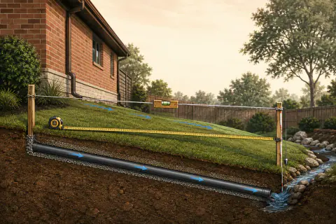 Side yard cutaway with two stakes, a level string, tape measure, vertical fall and a buried pipe sloping to a stable outlet