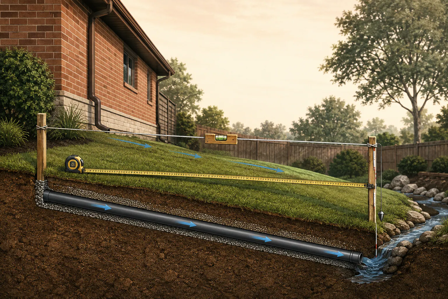 Side yard cutaway with two stakes, a level string, tape measure, vertical fall and a buried pipe sloping to a stable outlet