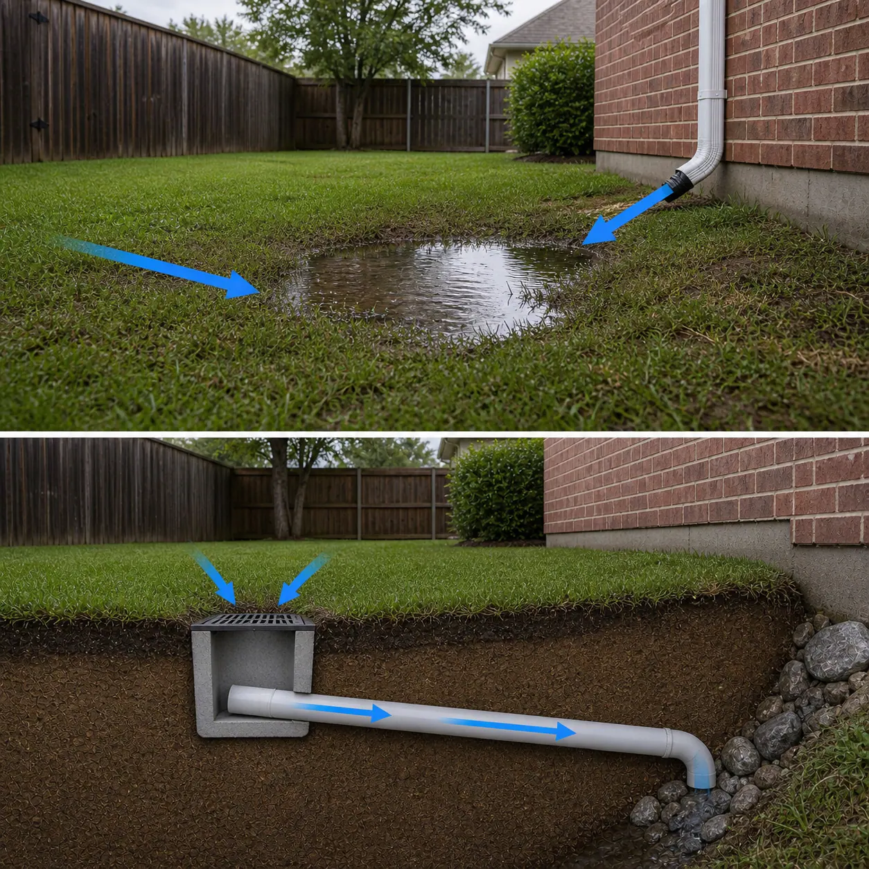 Two-stage drainage illustration showing runoff entering a low spot and moving through a sloped outlet pipe