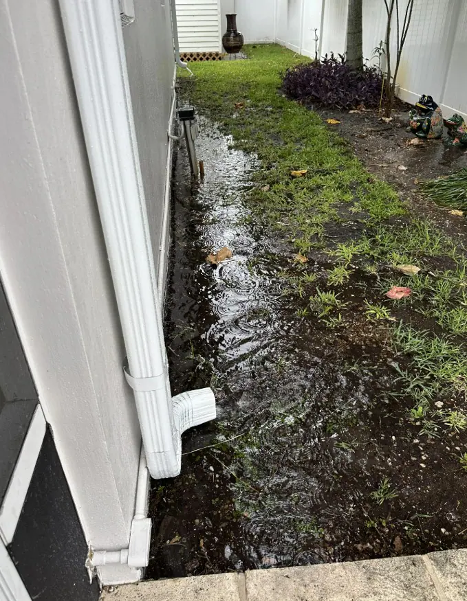 Rainwater collecting in a narrow strip beside a home foundation
