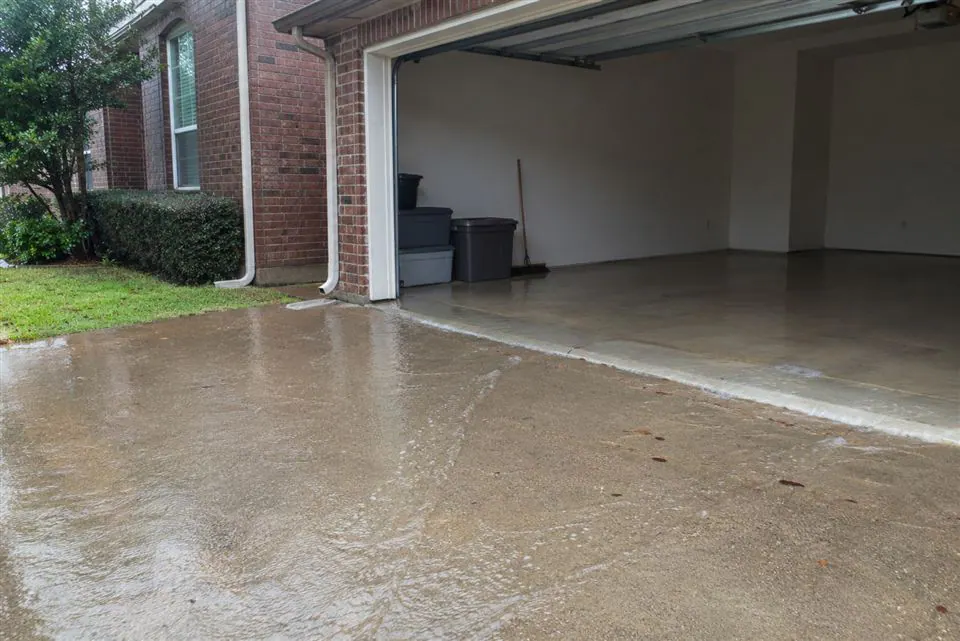 Stormwater collecting at the edge of a residential garage