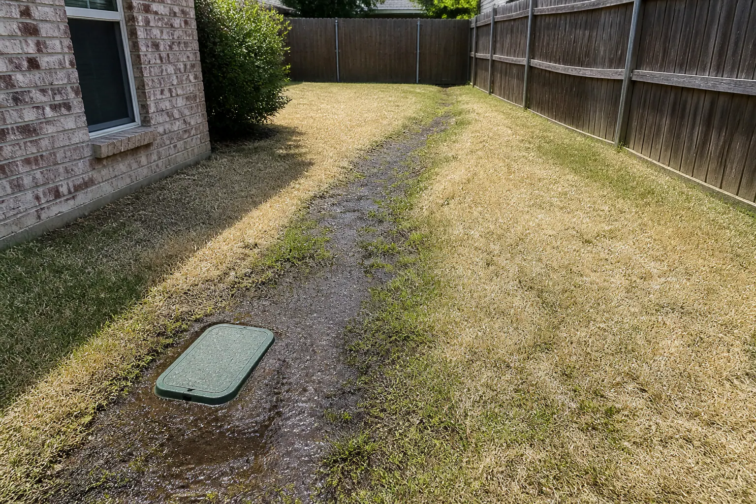 A persistently wet strip of lawn beside an irrigation valve box during otherwise dry weather