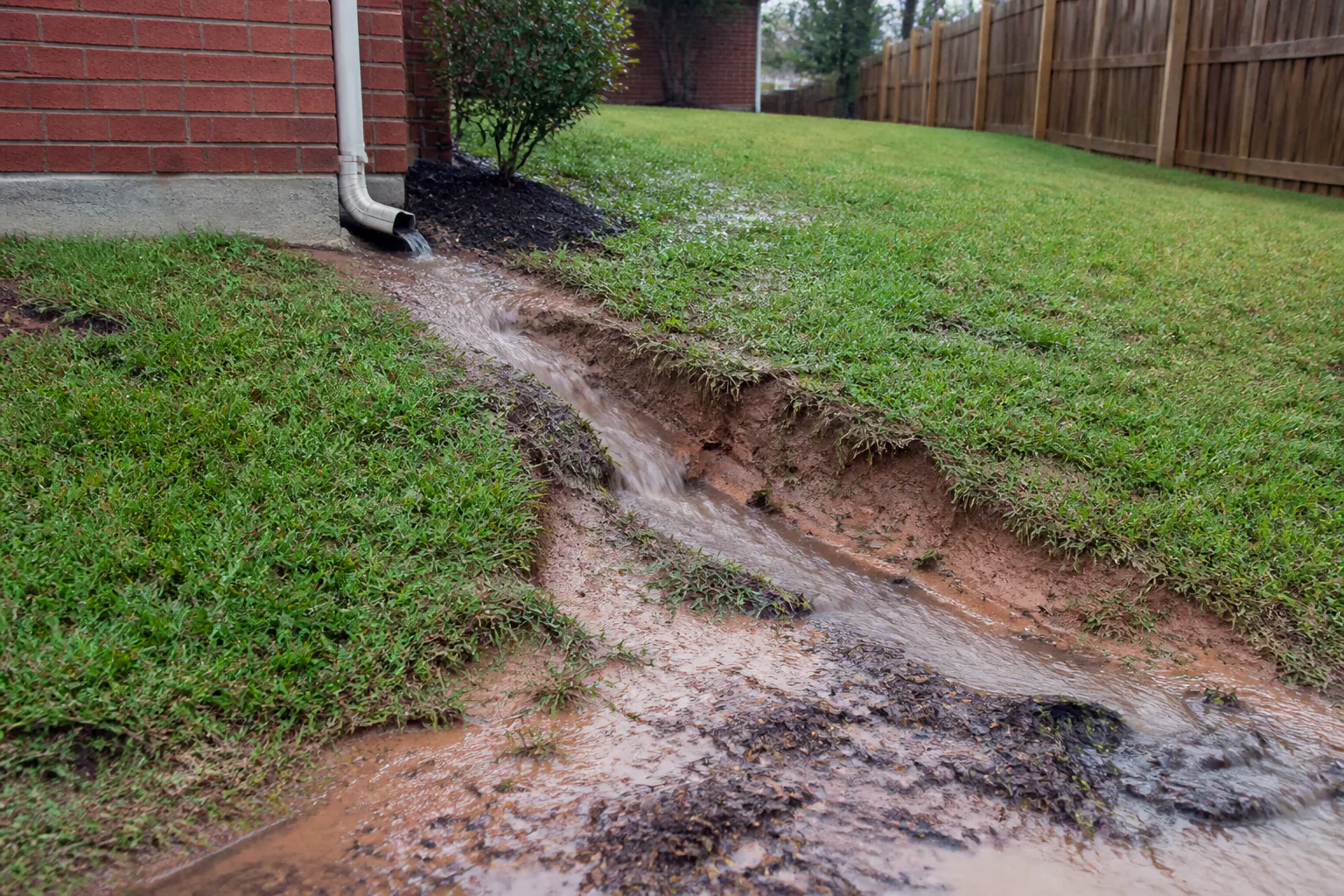 Concentrated downspout runoff cutting an eroded muddy channel through a North Texas lawn