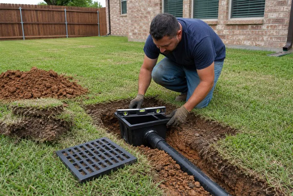 Surface catch basin installed in a lawn to collect stormwater