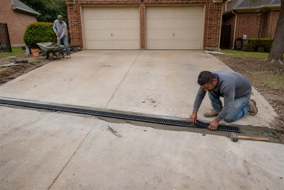 Channel drain installed across a concrete driveway