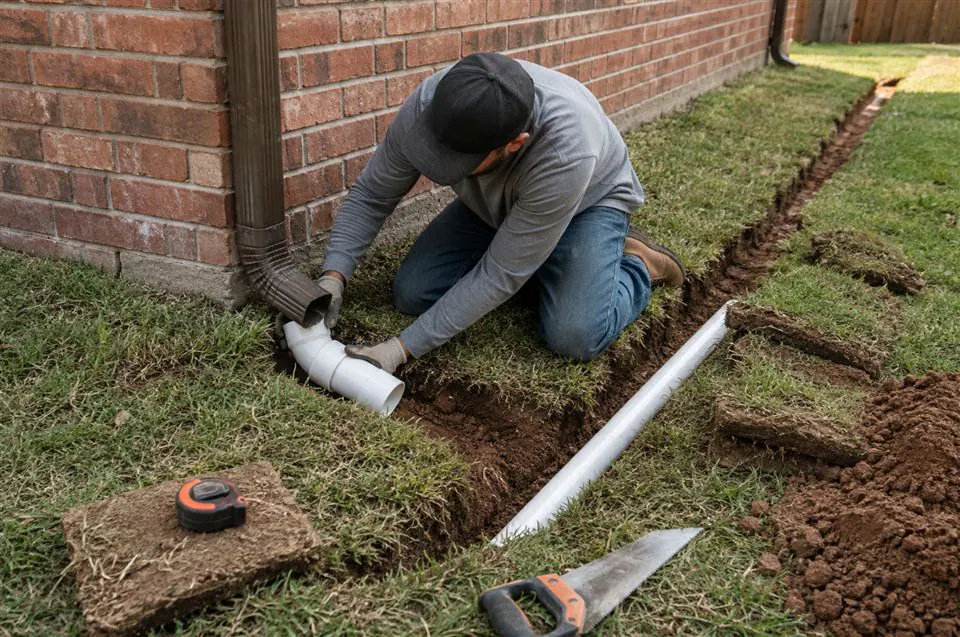 Solid underground pipe being connected to a residential downspout
