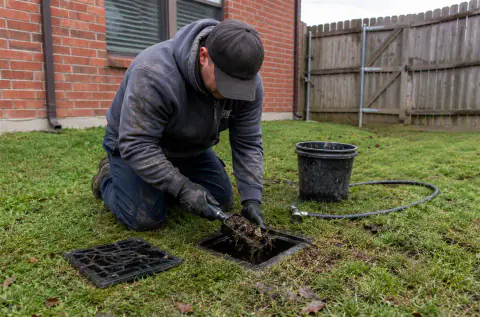 Technician cleaning leaves and sediment from an outdoor drainage grate