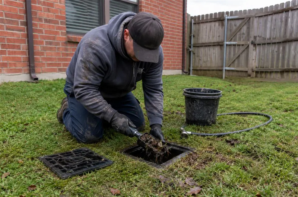 Technician clearing debris from a yard drainage inlet