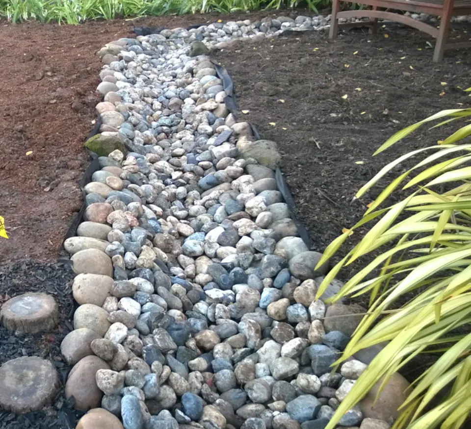 Stone-lined drainage path built to stabilize runoff and reduce soil erosion
