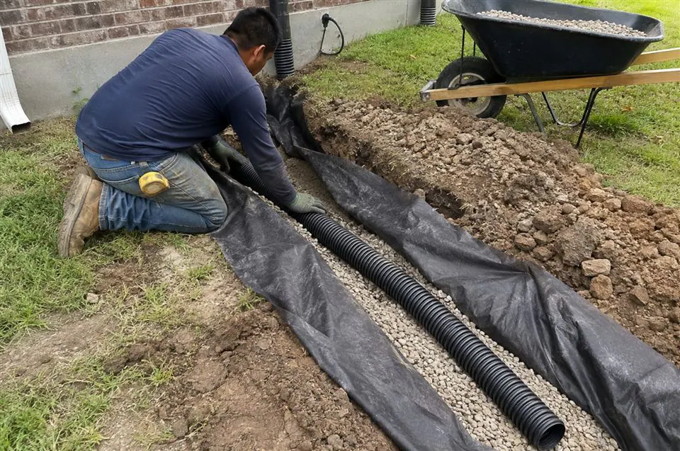 French drain trench with geotextile fabric, clean gravel and perforated pipe