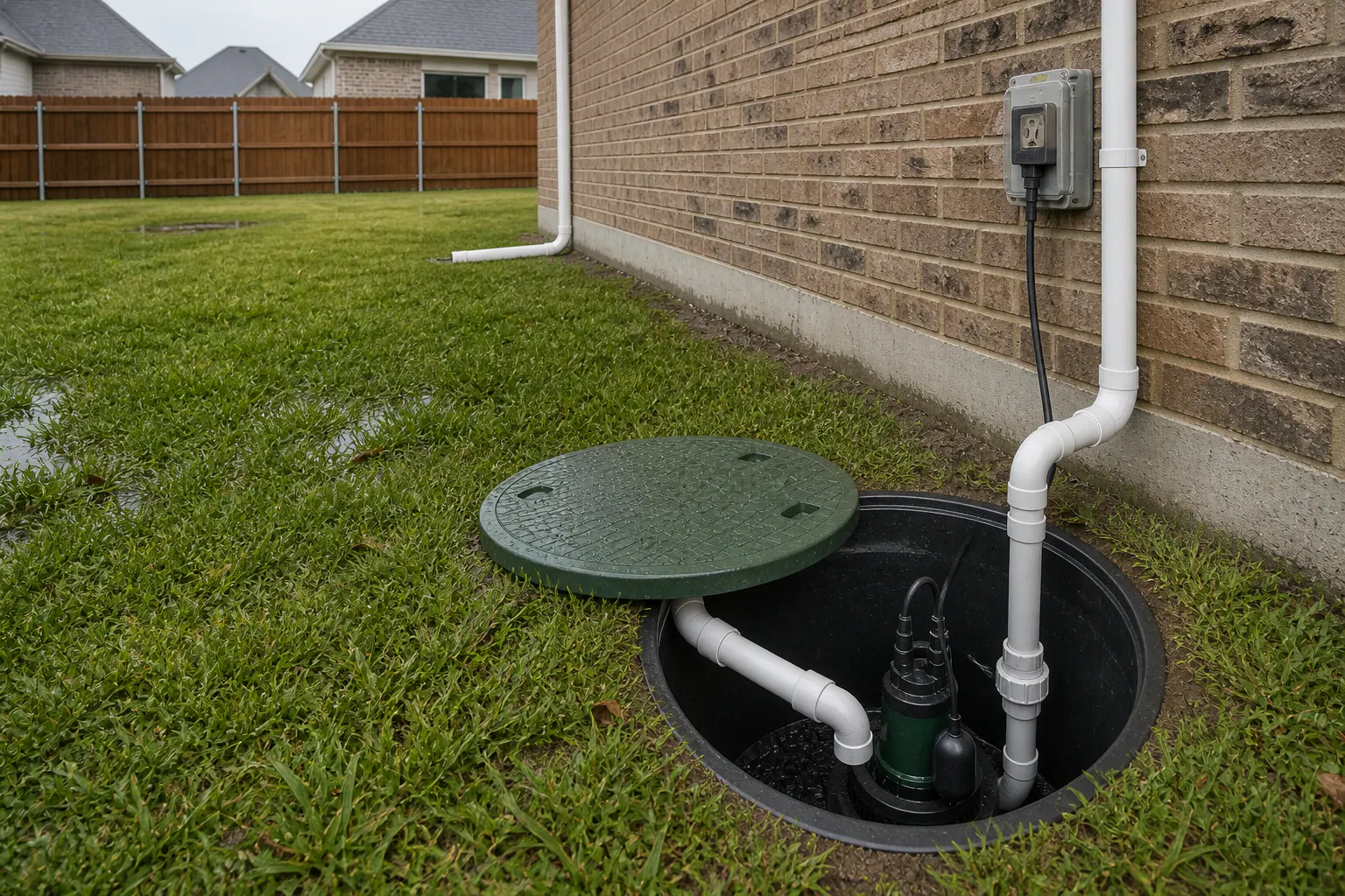 Outdoor sump pump basin with serviceable lid, pump, discharge pipe and weatherproof power connection