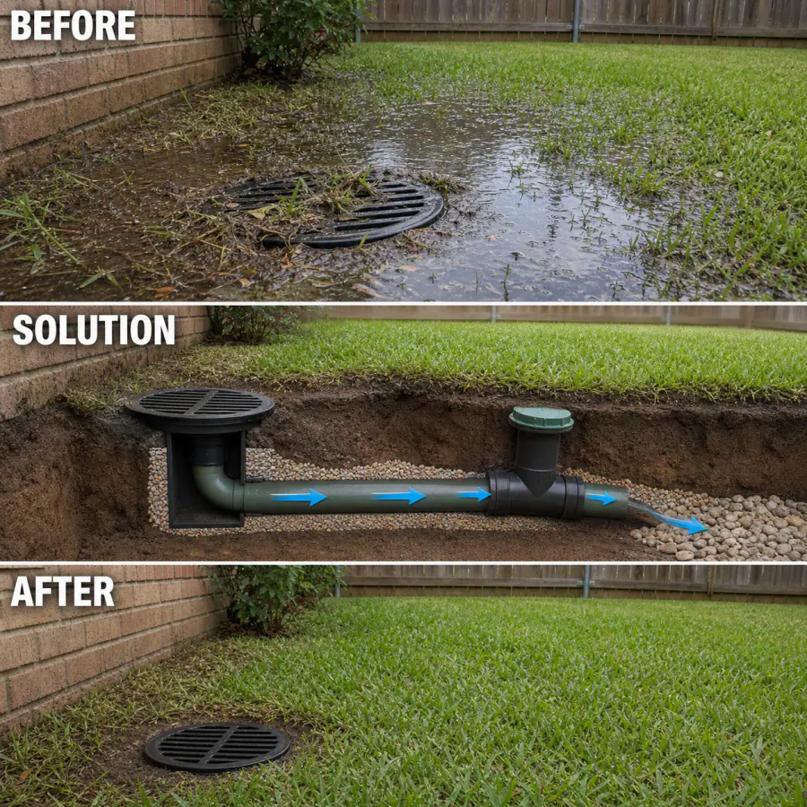 Before, solution and after diagram showing a clogged outdoor yard drain cleaned and restored to a visible outlet