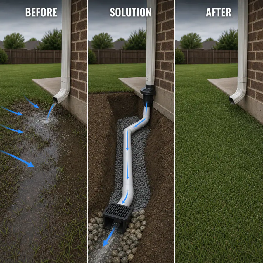 Before, solution and after diagram showing a downspout connected to solid drainage pipe and a protected outlet